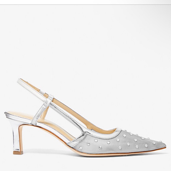 Michael Kors Shoes - Michael Kors Silver Alora Mid Sling embossed Glittery Croc Leather Shoes.